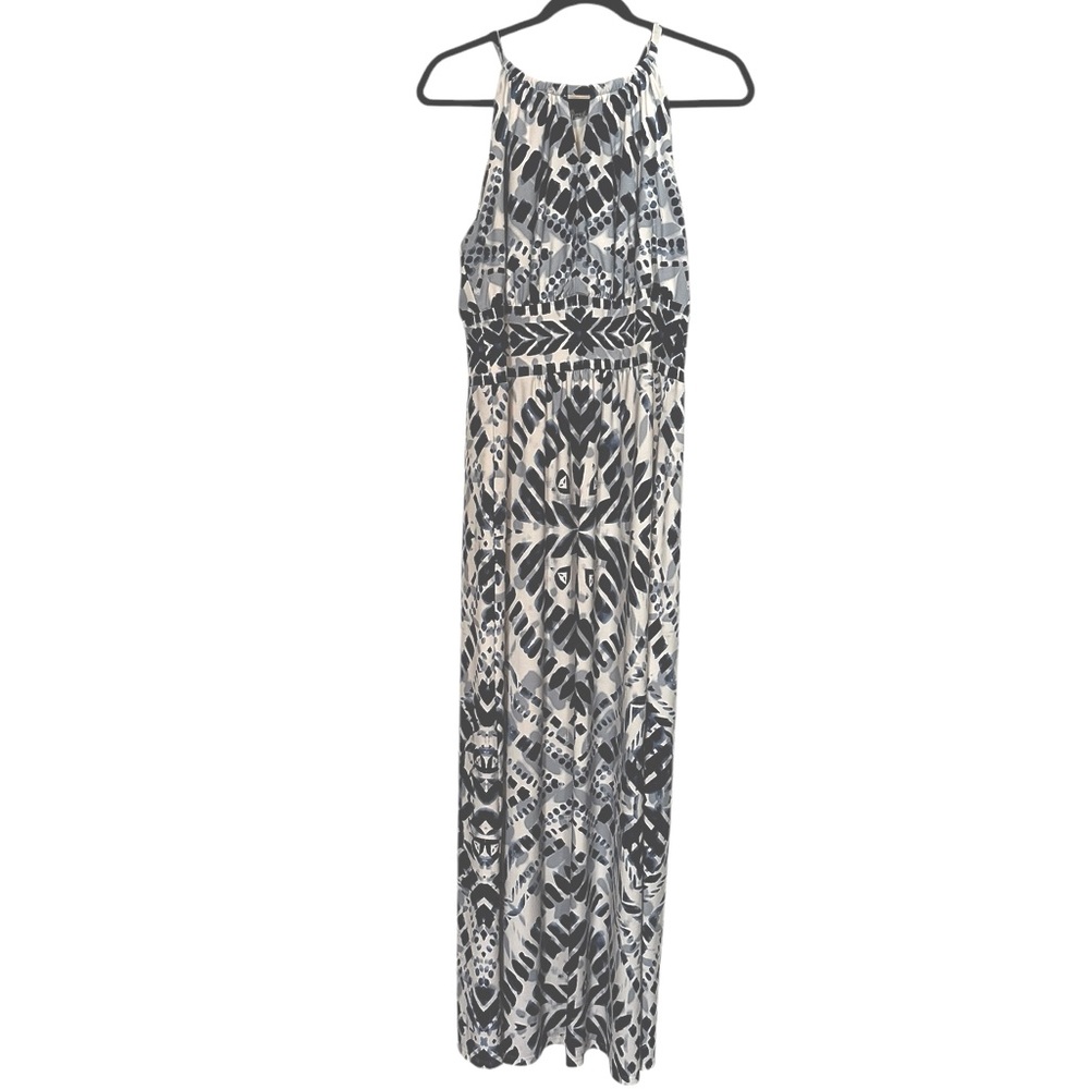 CHICO’S blue & white sleeveless halter neck keyhole maxi dress Chico’s 2 (L/12) - Picture 2 of 9
